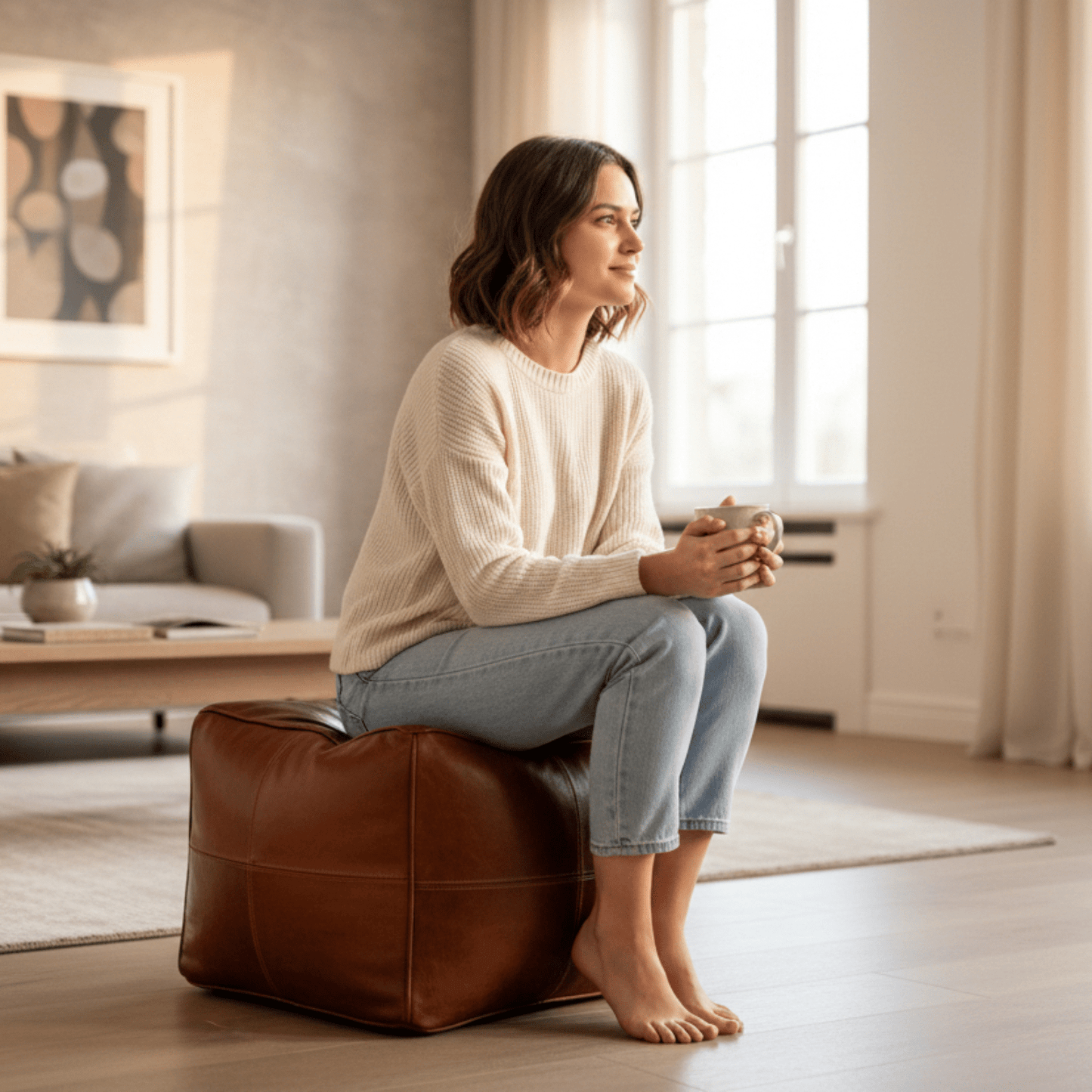Elegant leather poufs designed for stylish and comfortable living spaces, enhancing modern interior decor.