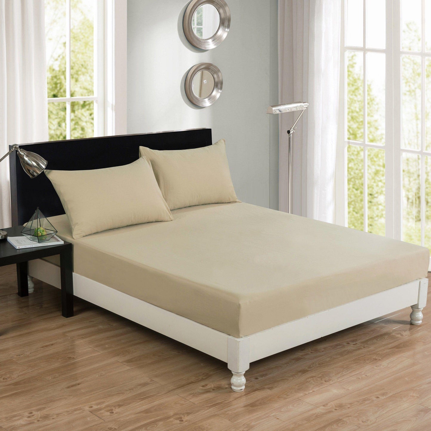 DaDa Bedding Luxury Soft 100% Cotton Beige Fitted Bed Sheet + Pillowcases