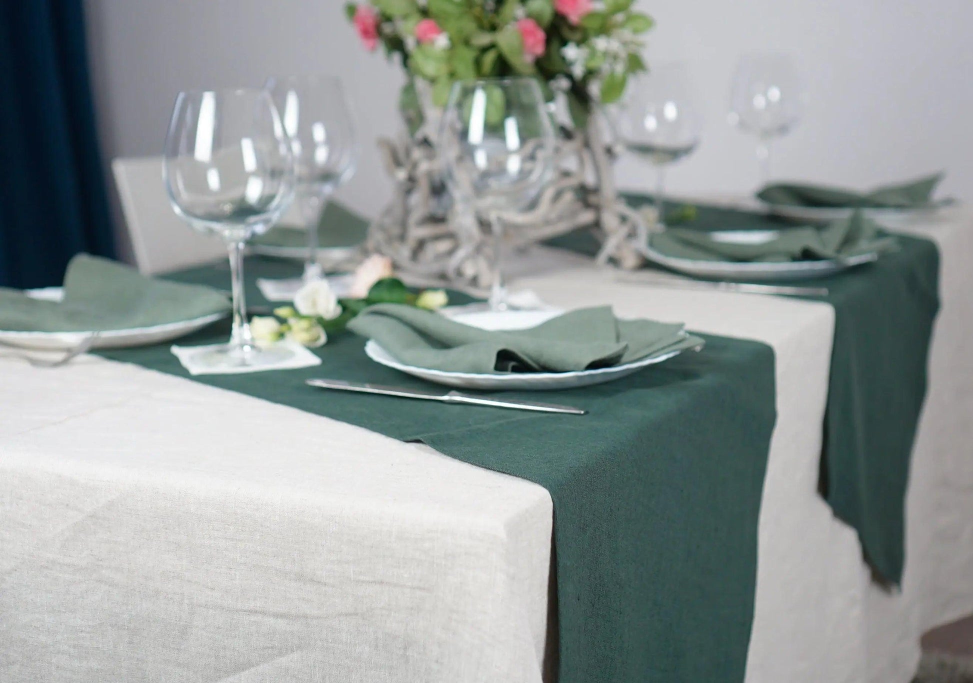 Elegant natural linen napkins arranged neatly on a dining table enhancing eco-friendly decor